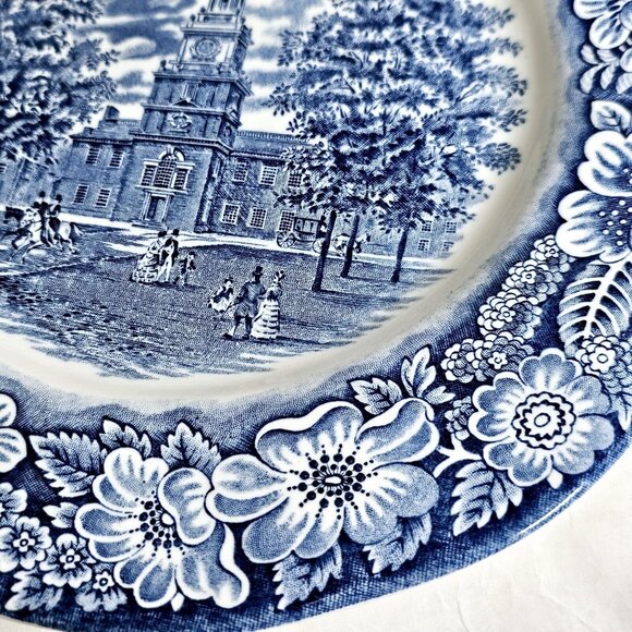 3 Liberty Blue Independence Hall Dinner Plates 10" Staffordshire England Ironsto - Picture 6 of 16